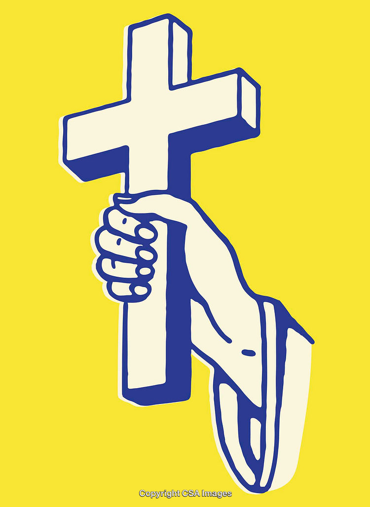 Line Art Illustration of a Hand Holding a Christian Cross