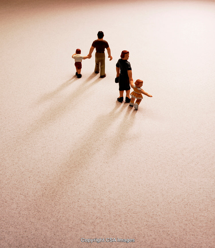 Family of Four Walking Together in Artistic Minimalist Setting