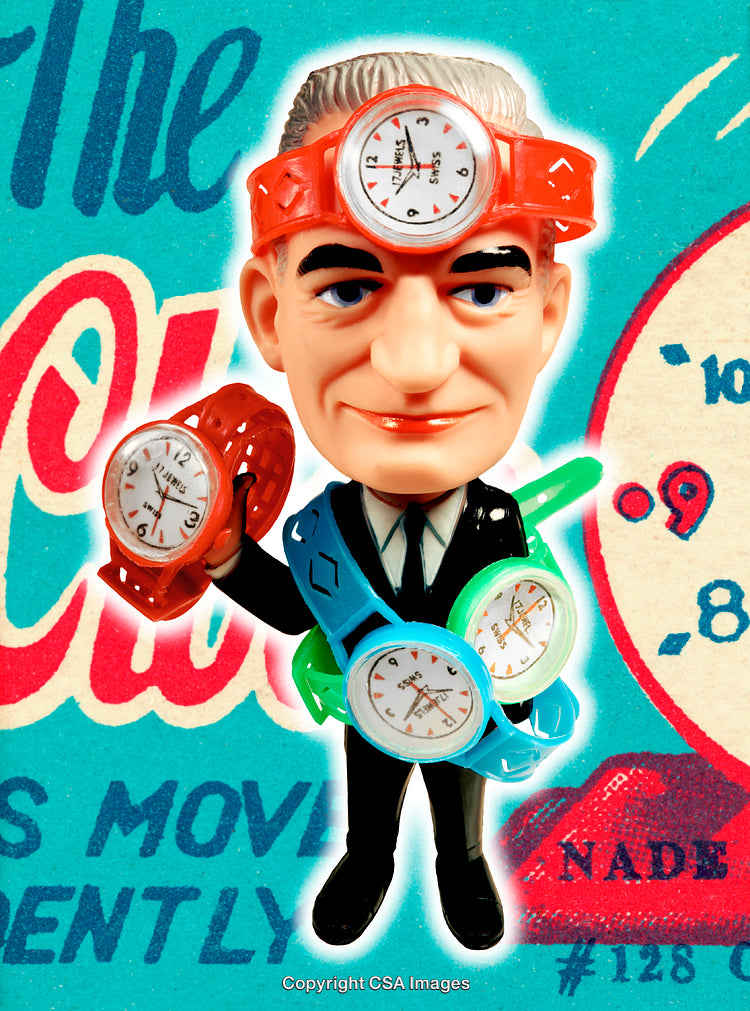 Quirky Toy Figure Wearing Multiple Watches Against a Retro Background
