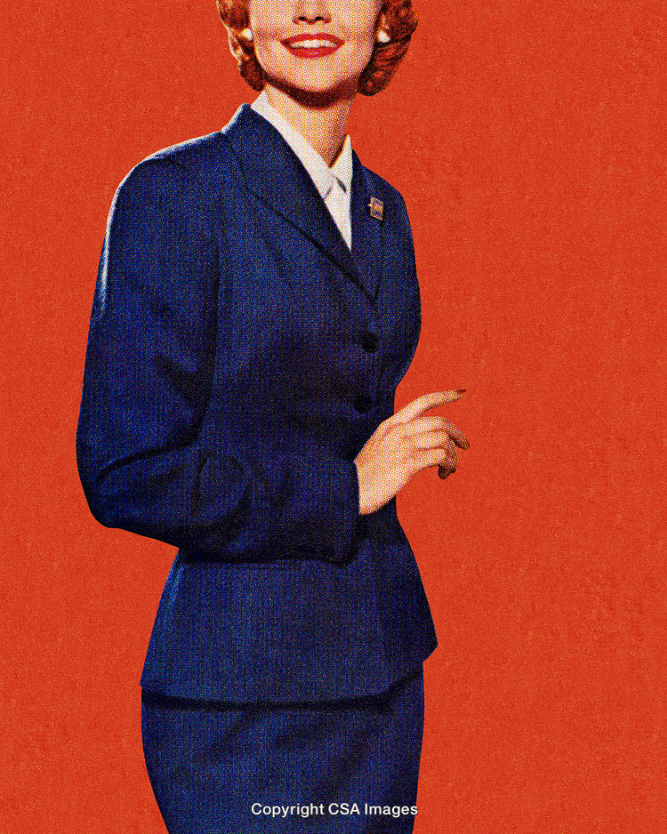 Professional Woman in Blue Suit on Vibrant Red Background