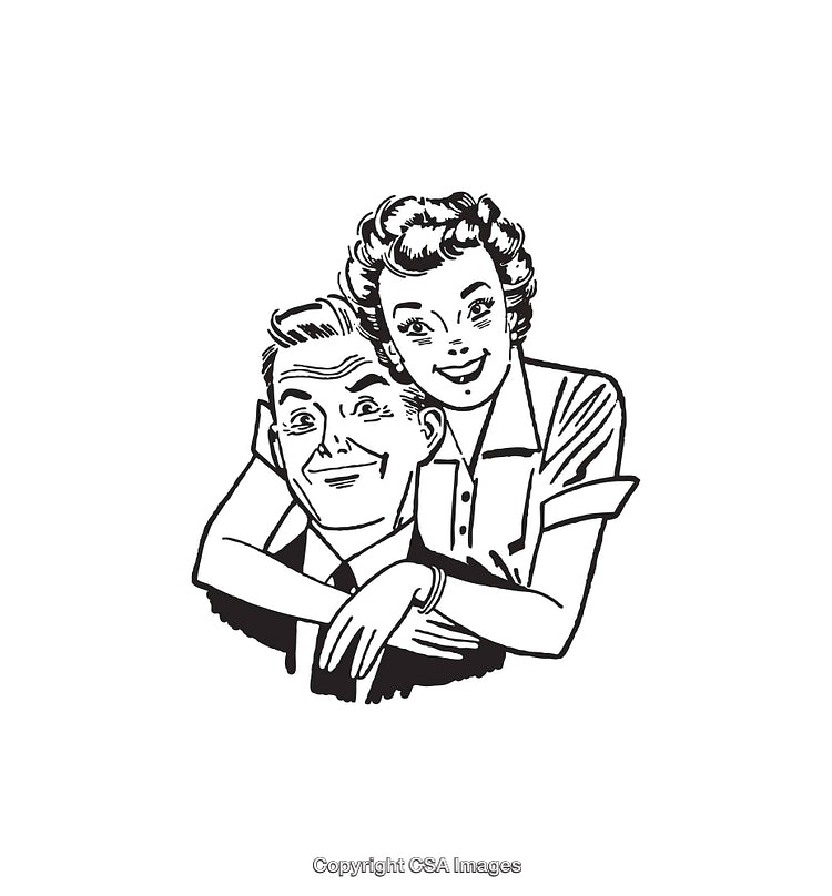 Vintage Black and White Illustration of a Happy Couple Embracing