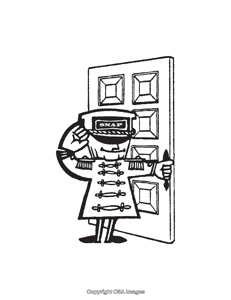 Black and White Illustration of a Doorman in Vintage Uniform