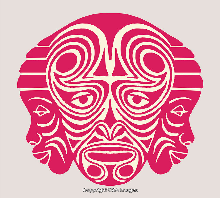 Abstract Tribal-Inspired Pink Line Art with Symmetrical Faces Design