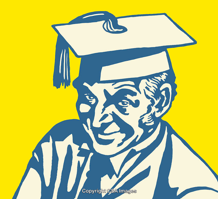 Vintage Line Art of Academic Figure in Graduation Cap on Yellow Background