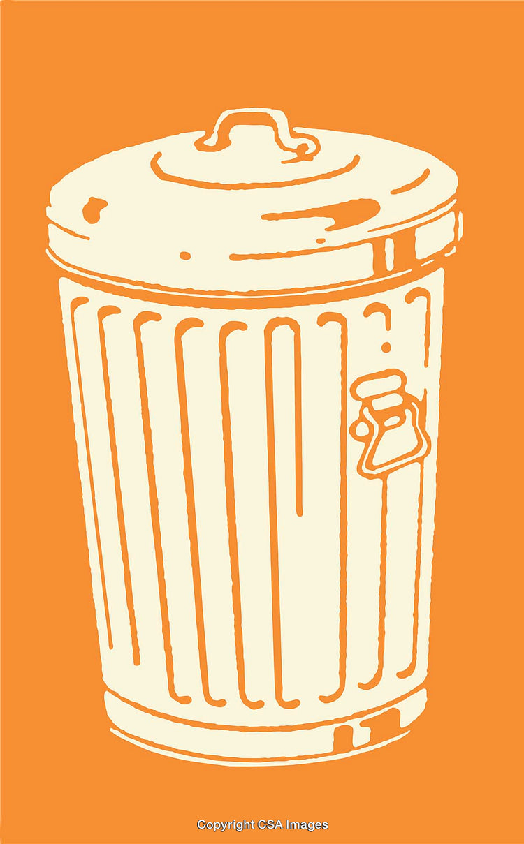 Stylized Line Art of a Metal Trash Can on Orange Background