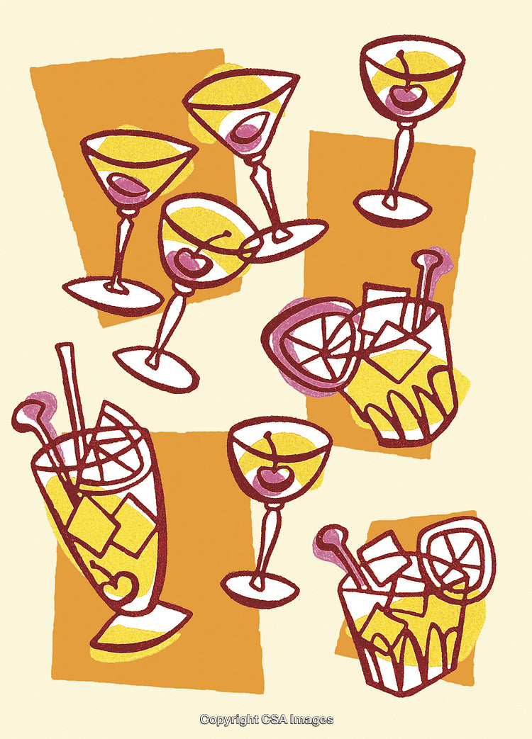 Retro Themed Abstract Illustration of Colorful Cocktail Glasses and Drinks