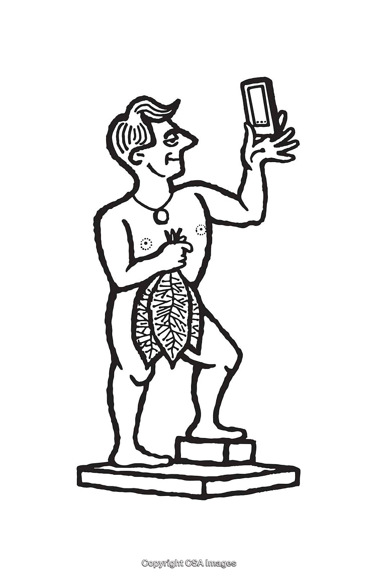 Modern Minimalist Illustration of a Statue Holding a Smartphone
