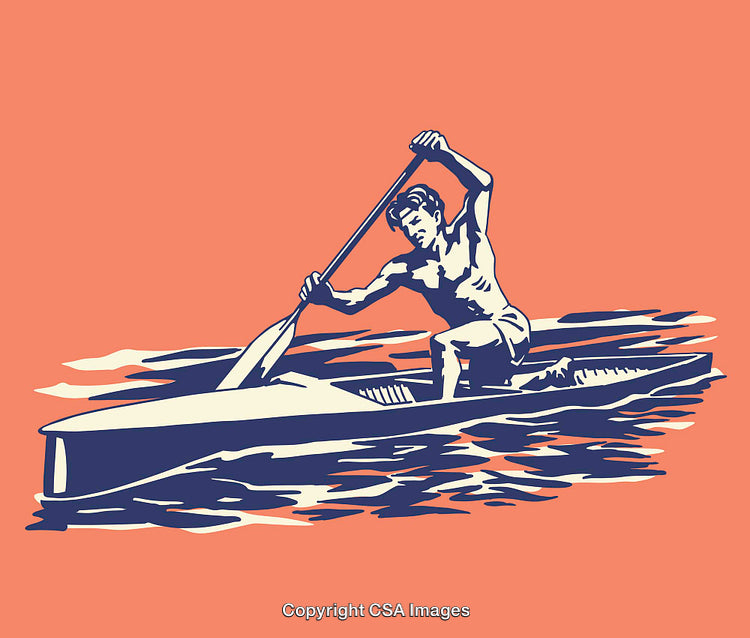 Stylized Illustration of a Man Canoeing in Detailed Line Art