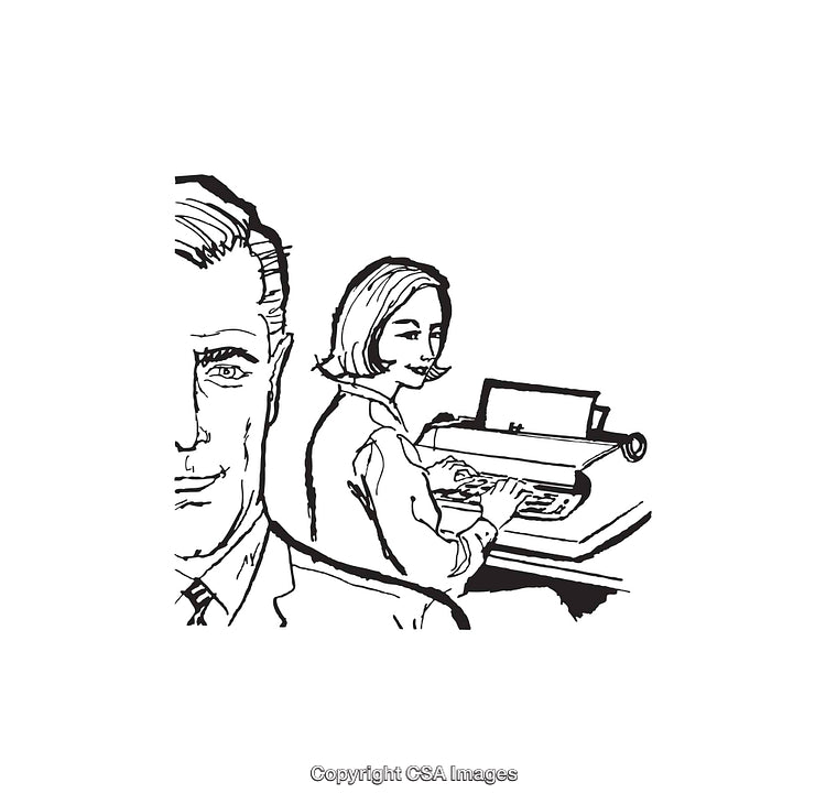 Retro Illustration of Office Scene Featuring Man and Woman at Typewriter
