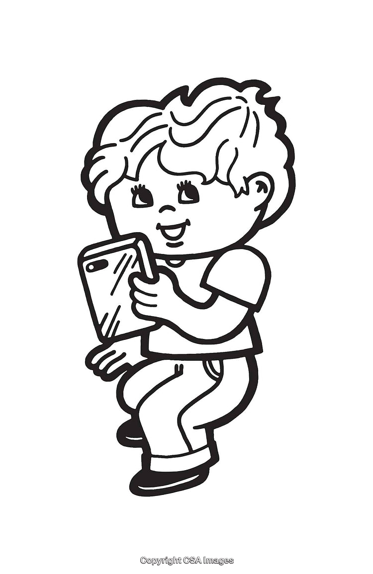 Black And White Line Art Illustration of Child Using Smartphone