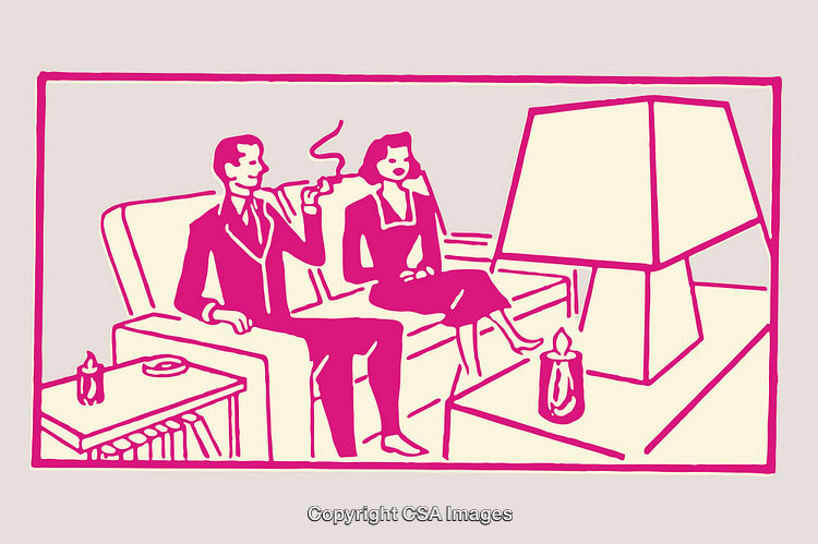 Retro Pink Line Art of a Seated Couple Indoors