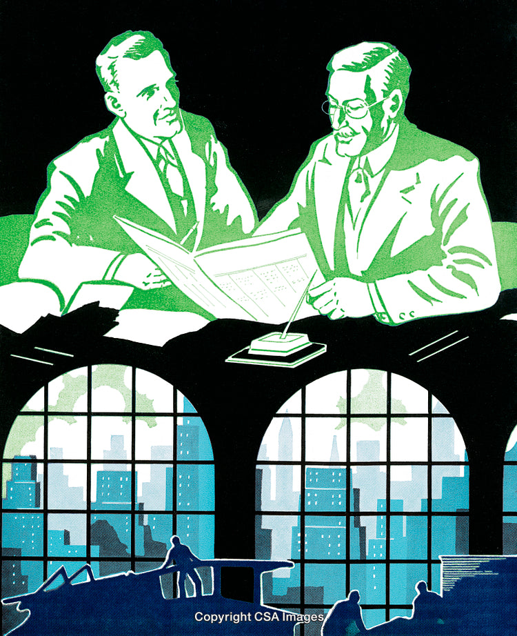 Color Illustration of Businessmen Collaborating with a Cityscape Background