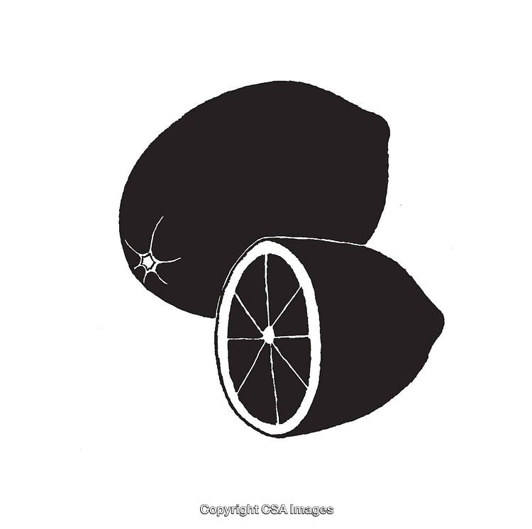 Black and White Line Art Illustration of Whole and Sliced Citrus Fruits