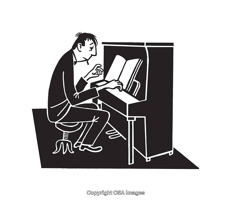 Monochrome Line Art of a Man Playing Piano in a Stylish Pose
