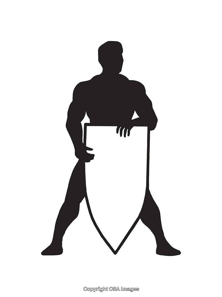 Silhouette of a Strong Figure Holding a Shield in Black and White