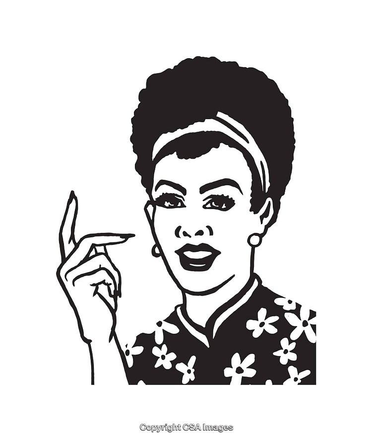Vintage Black and White Illustration of a Beautiful Woman in Floral Dress