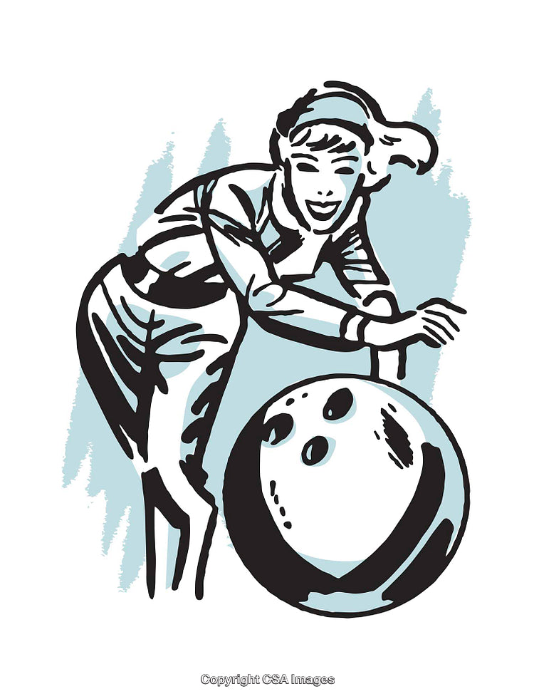 Vintage Styled Illustration of a Woman Bowling with a Bowling Ball