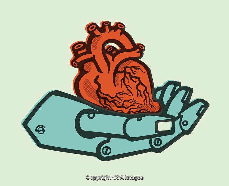 Cyborg Hand Holding a Detailed Anatomical Heart Illustration