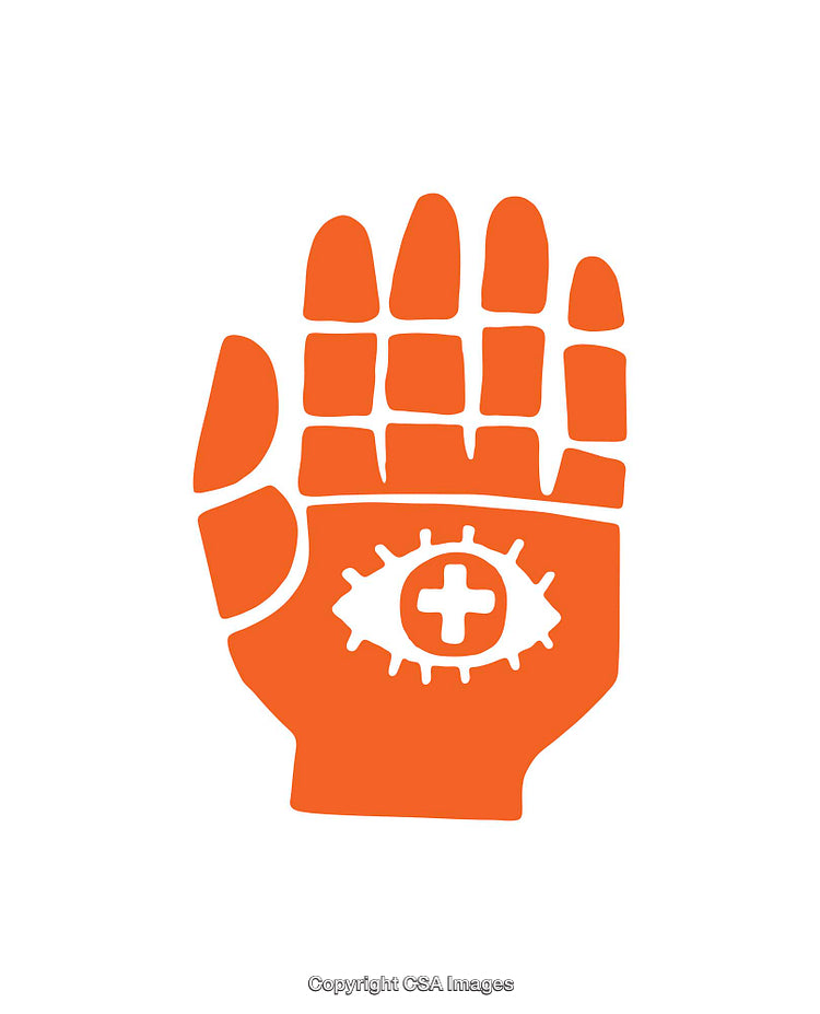 Abstract Orange Hand Design with Eye and Cross Icon
