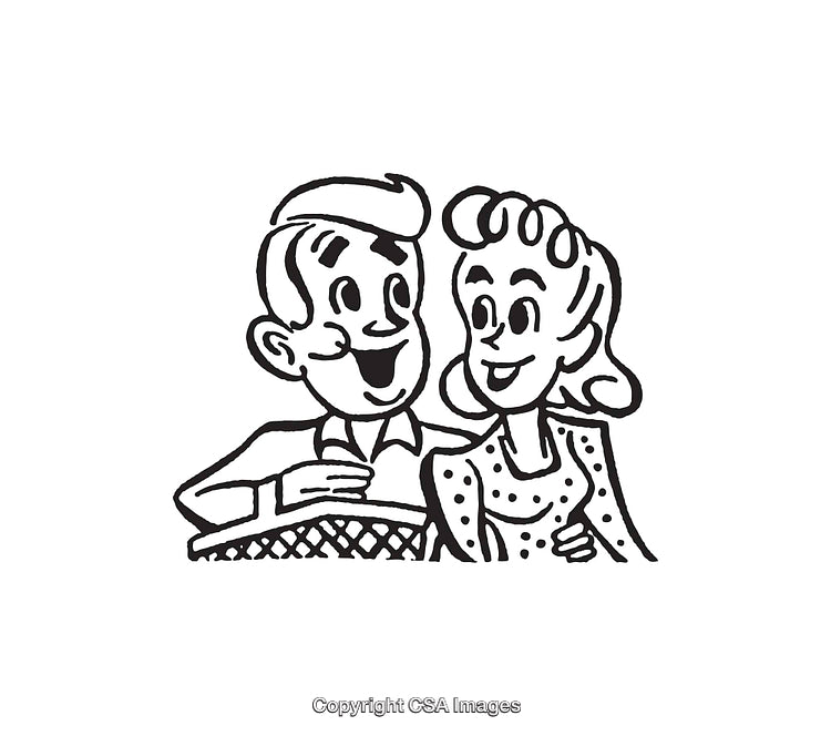Retro Black and White Line Art Illustration of a Happy Couple