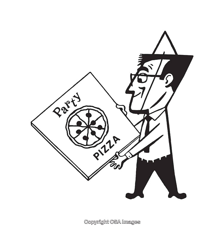 Cartoon Illustration of Man Holding Party Pizza Box and Wearing Party Hat