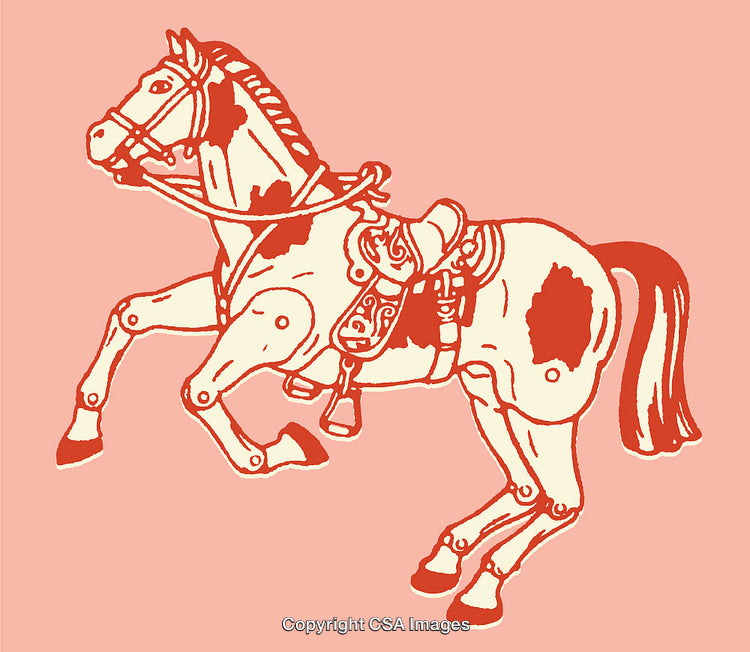 Vintage Carousel Horse Illustration in Red and White Tones on Pink Background