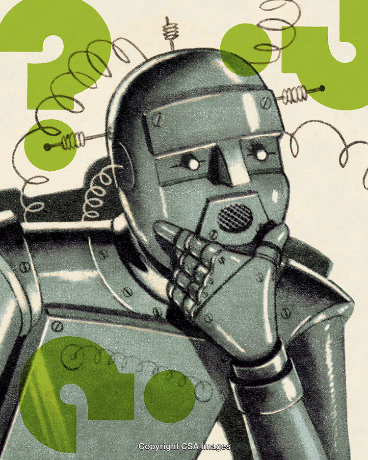 Retro Robot Pondering Concepts With Question Marks and Mechanical Elements