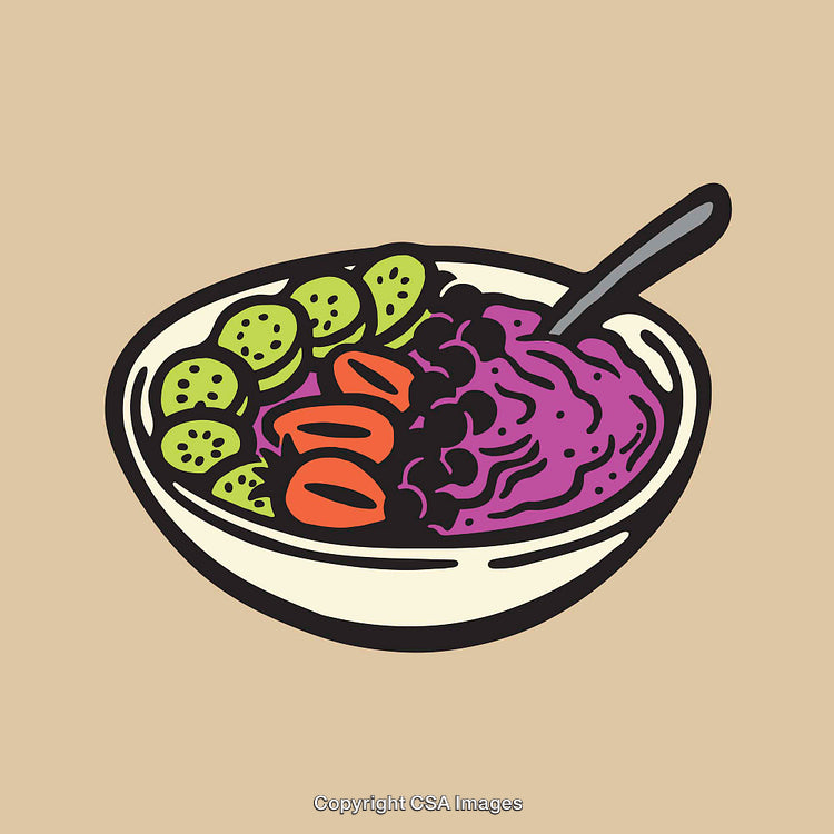 Colorful Bowl of Healthy Food Illustration Featuring Fruits and Smoothie