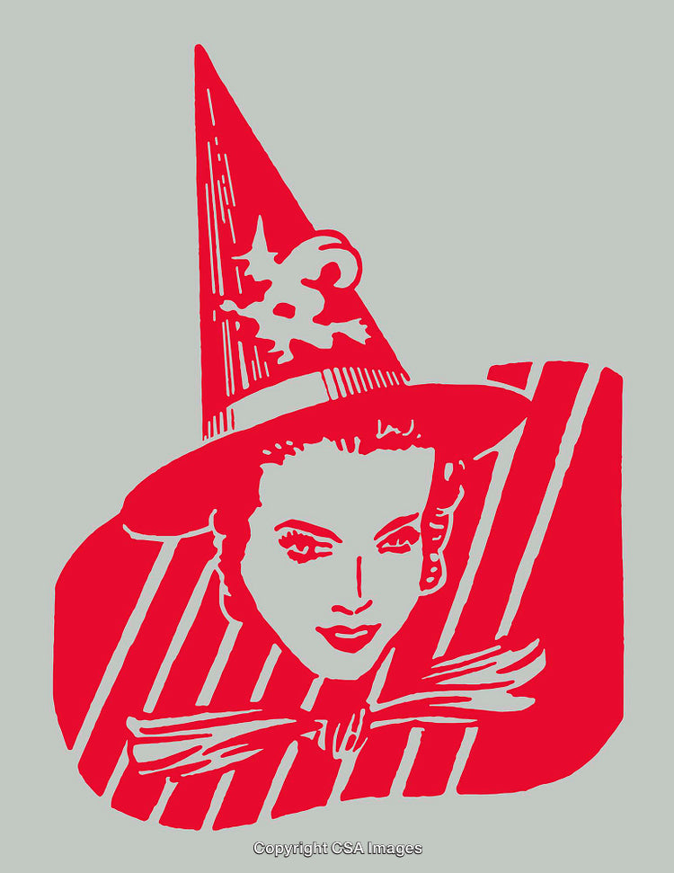 Retro Inspired Witch Illustration in Red Line Art Design