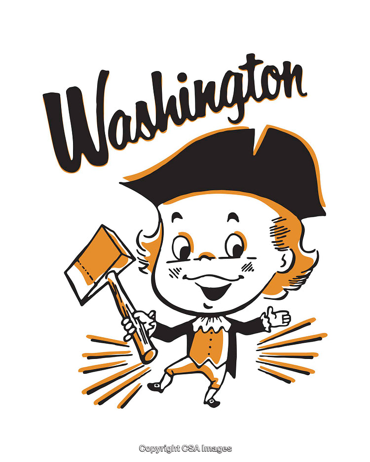 Playful Cartoon Illustration Featuring a Historical Character with a Hatchet