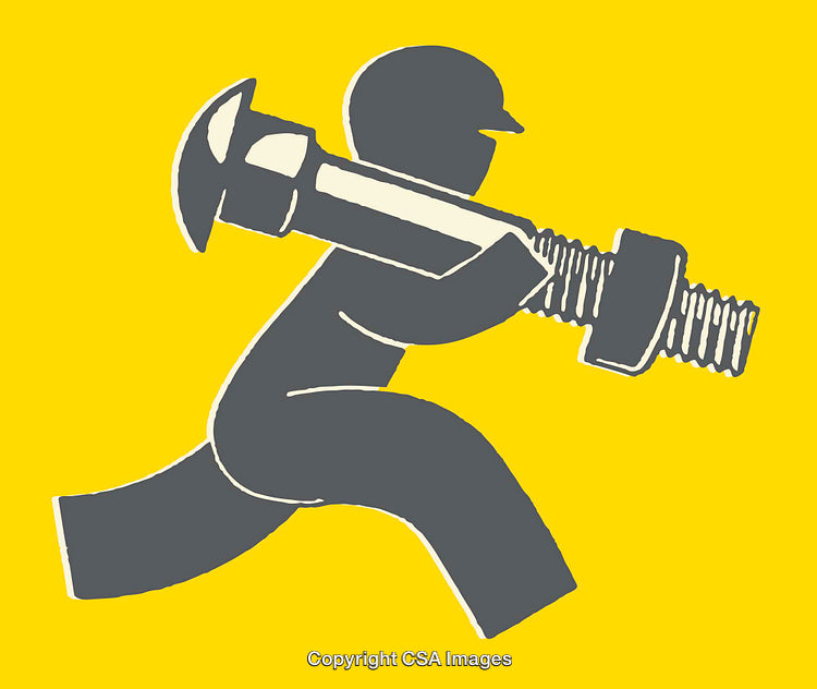 Worker Carrying Oversized Bolt in Modern Minimalist Illustration