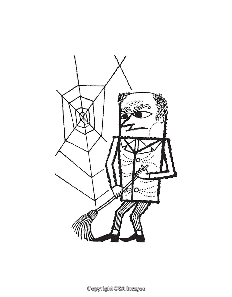 Comedic Black and White Line Art of a Man Beneath a Spider Web
