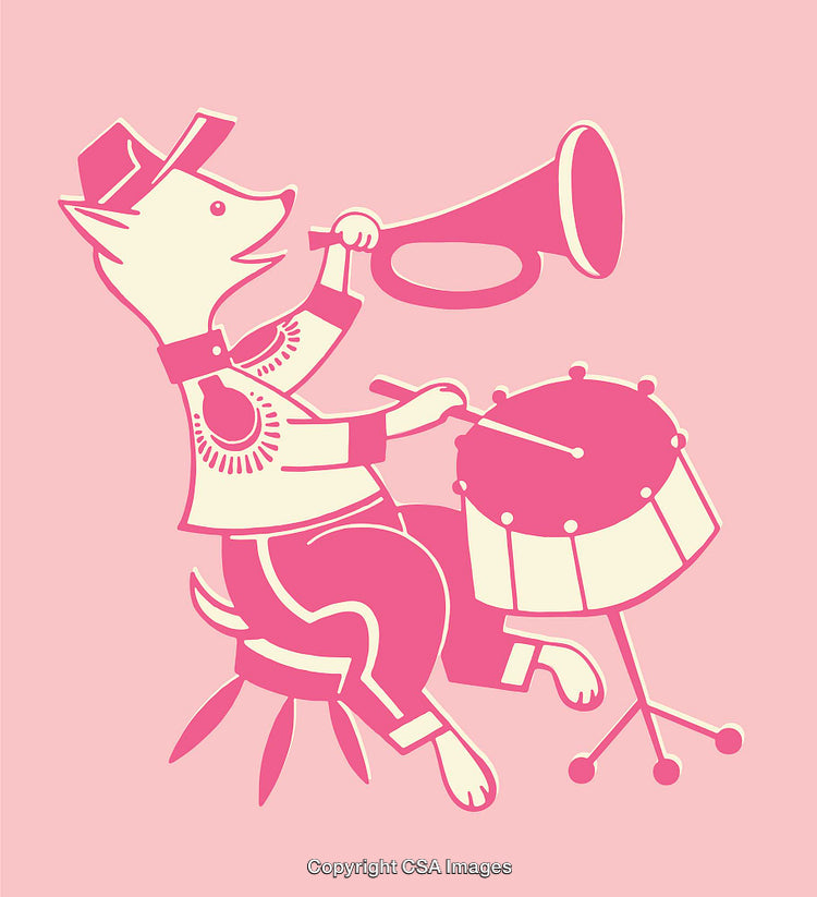 Cartoon Musical Fox Playing Drum and Trumpet in Pink Illustration