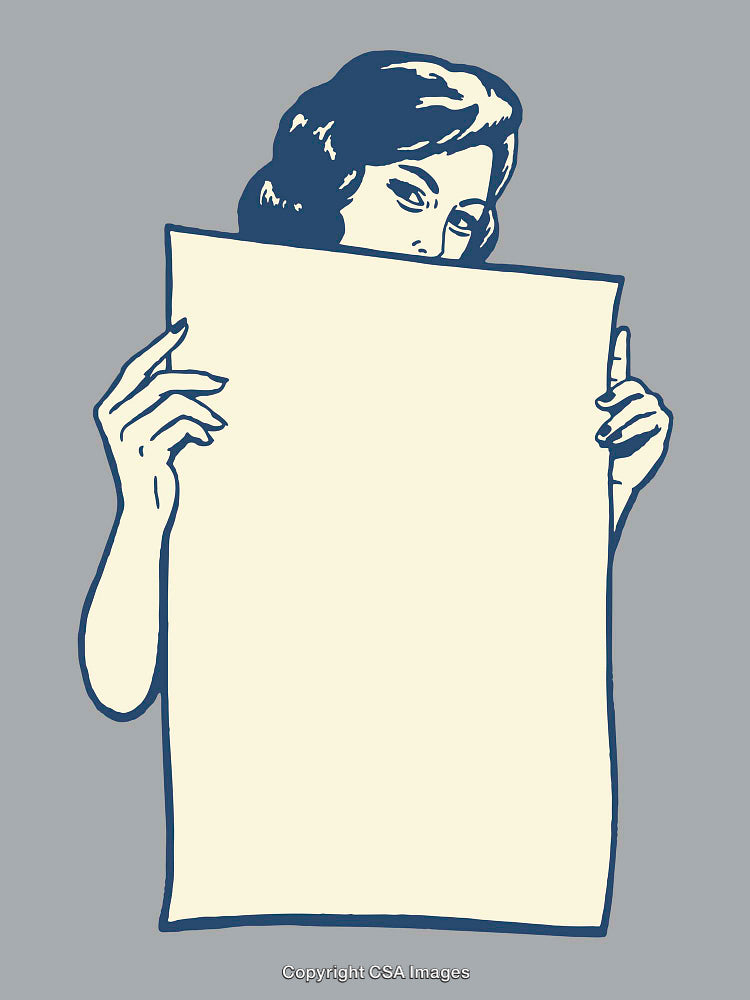 Retro Style Illustration of Woman Holding Blank Sign Against Gray Background