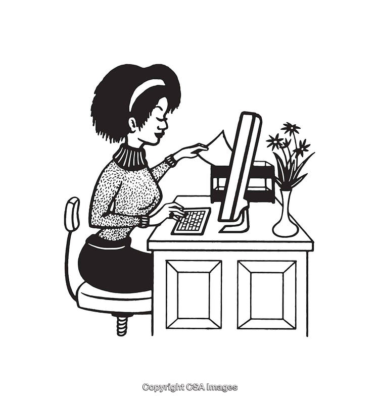 Woman Working on Computer at a Desk in Black and White Illustration