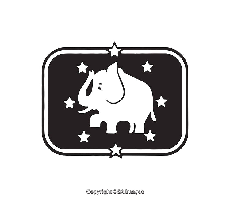 Black and White Elephant Silhouette Icon With Stars in a Rectangular Frame