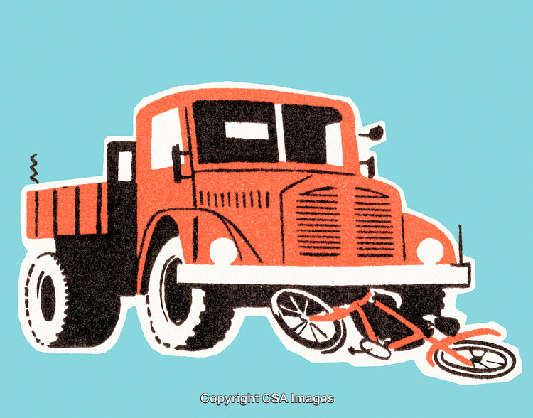 Retro Sketch of a Red Truck and a Crushed Bicycle on Blue Background