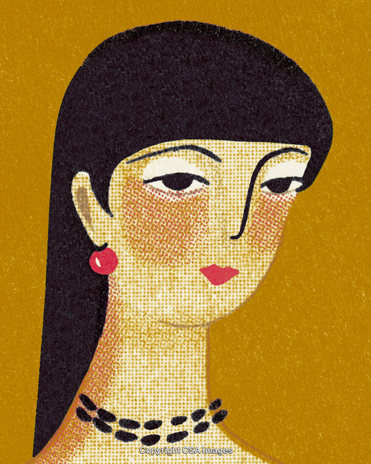 Vintage Stylized Portrait of a Woman with Earrings on Yellow Background