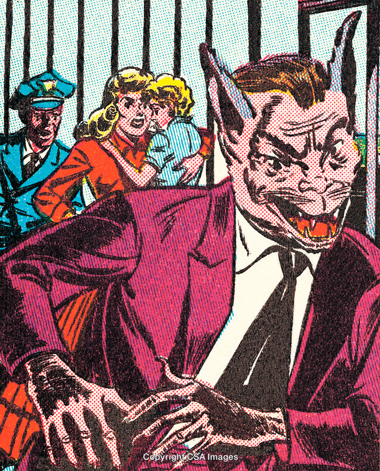 Retro Comic Style Illustration of a Demon Character in a Dramatic Scene