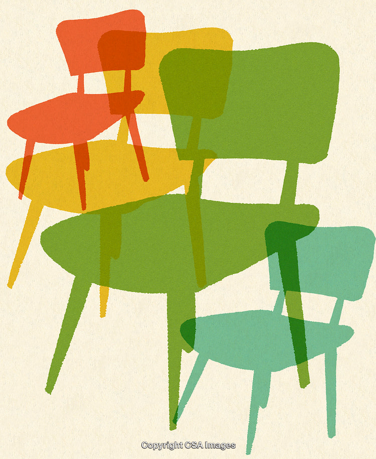 Colorful Abstract Illustration of Overlapping Chairs in Vibrant Shades