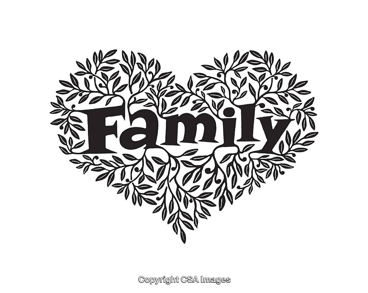 Black and White Heart-Shaped Family Text Artwork with Floral Design