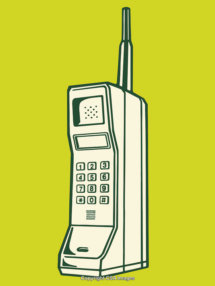 Vintage Mobile Phone Line Art Illustration on Bright Green Background