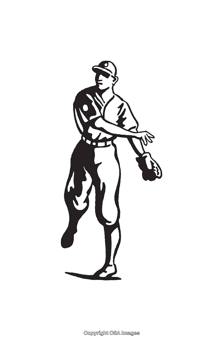 Black and White Line Art Illustration of a Baseball Player in Motion