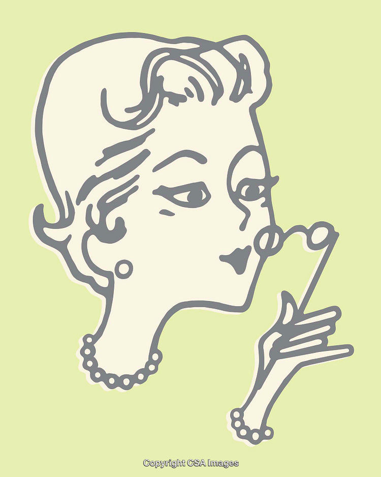 Retro Line Art Illustration of Woman in Profile Wearing Pearl Necklace