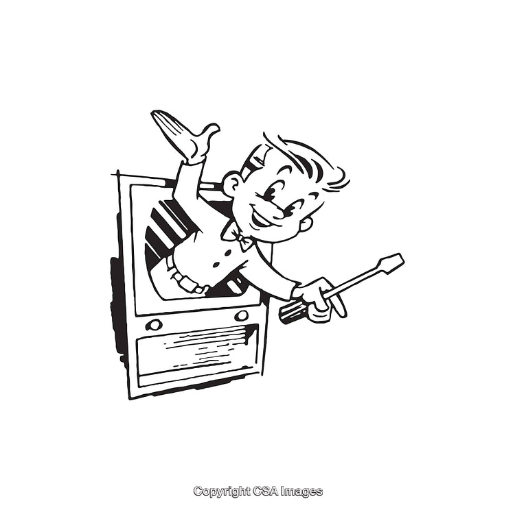 Black and White Retro Line Art Illustration of Happy Repairman