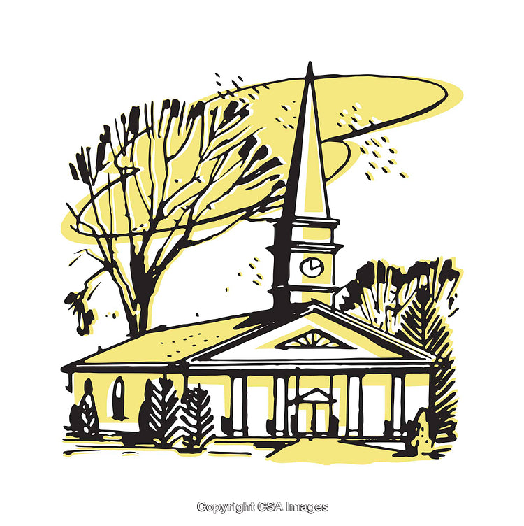Hand-Drawn Church Illustration with Trees and Natural Background