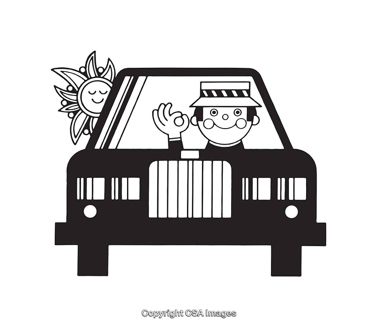 Black and White Taxi Line Art with Cheerful Driver and Sun Illustration