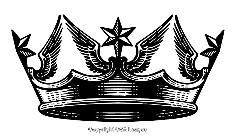 Detailed Black and White Engraving of a Decorative Crown with Wings and Stars