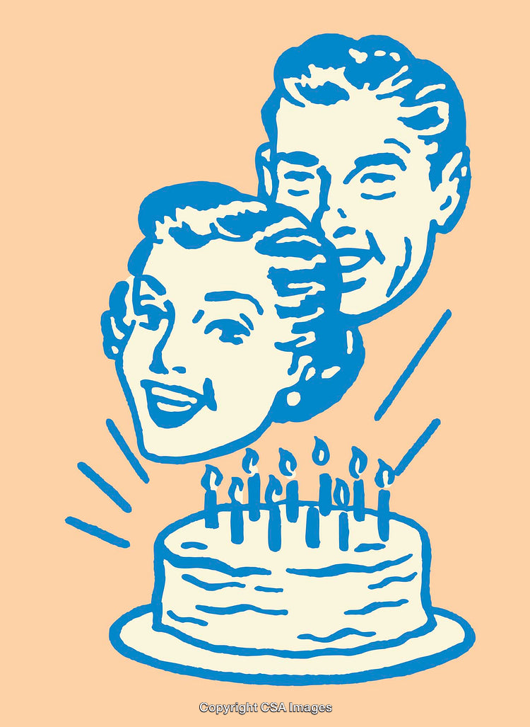 Retro Illustration of Smiling Couple with Birthday Cake and Candles