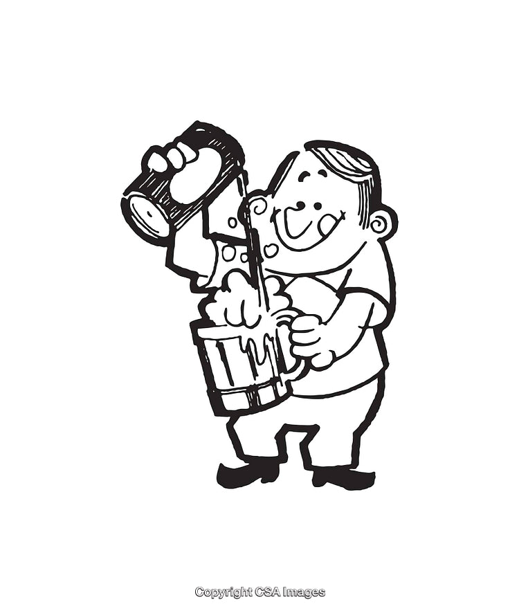 Black and White Cartoon Line Art of a Smiling Man Pouring Beer